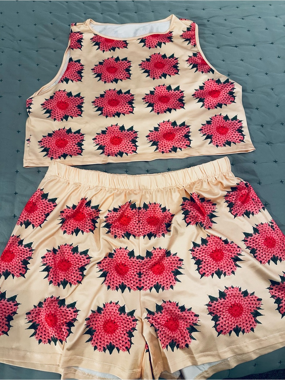 Two-Piece Crop Top and Shorts Set in Cream with Pink Floral Print size xl